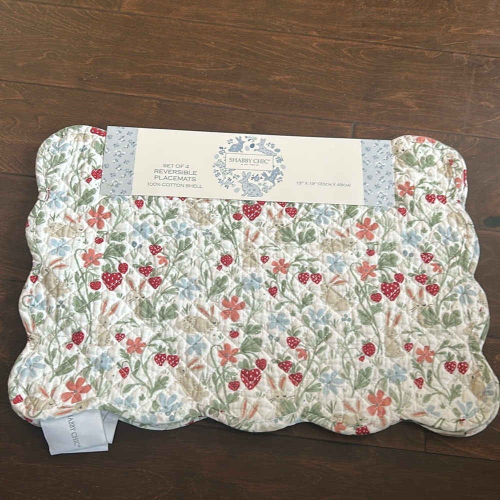 Shabby Chic 4 Scalloped Edged  Quilted Placemats New Floral Bunny Strawberries